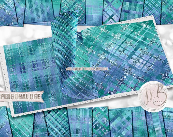 Blue and Turquoise Shimmer Plaid Scrapbook Paper Download • Sparkling Glitter and Shimmering Foil • Printable Paper Crafts 20 12x12 JPG PDF