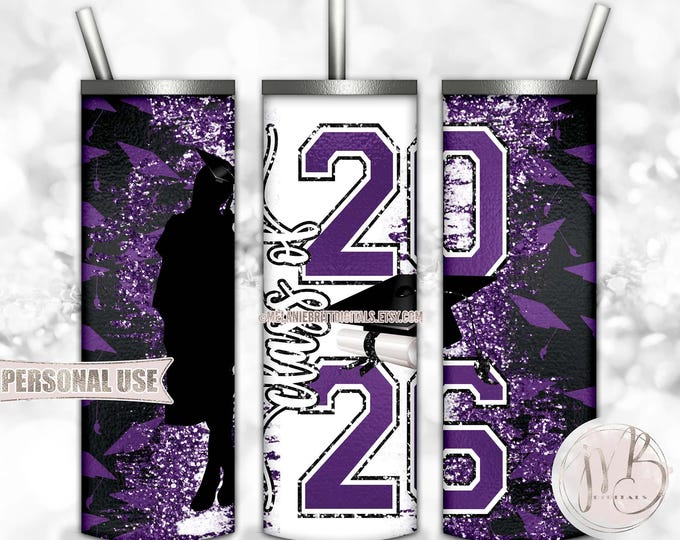 Purple Class Of 2026 Girl Graduation 20oz Skinny Tumbler Wrap Sublimation Download • Graduation Cap Glitter Grad Gift • DIY Print and Press