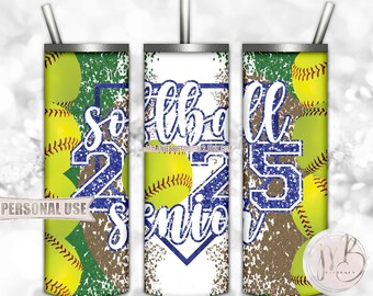 Blue Glitter Softball Senior 2025 20oz Skinny Tumbler Wrap Sublimation Design Download • Varsity Softball Graduate Gift • DIY Print & Press