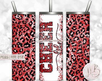 Red Cheer Life Glitter 20oz Skinny Tumbler Wrap Sublimation Design Download • Leopard Print Pom Squad Cheerleader Gift • DIY Print and Press
