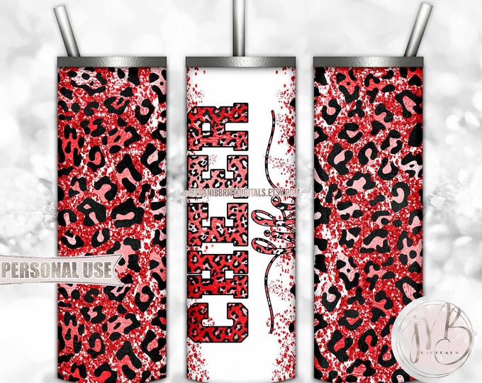 Red Cheer Life Glitter 20oz Skinny Tumbler Wrap Sublimation Design Download • Leopard Print Pom Squad Cheerleader Gift • DIY Print and Press