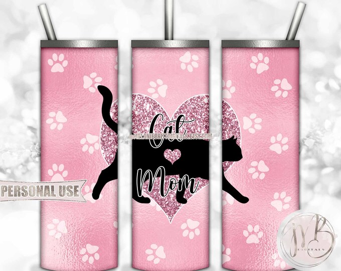 Pink Cat Mom 20oz Skinny Tumbler Wrap Sublimation Design Download • Cute Paw Prints Pink Glittery Heart Cat Mom Gift • DIY Print & Press