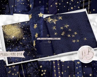 Navy Night Sky Grunge Scrapbook Paper Download • Gold Glitter Stars Distressed Worn Design • DIY Printable Paper Crafts 20 12x12 JPG & PDF