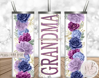 Floral Grandma 20oz Skinny Tumbler Wrap Sublimation Download • Pretty Purple Flowers Gift For Grandma • DIY Print and Press