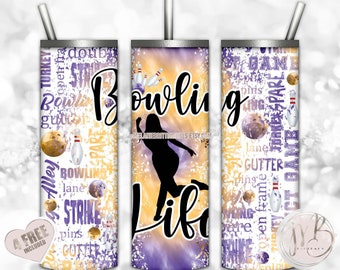 Bowling Life 20oz Skinny Tumbler Wrap Sublimation Design Download • Girl Silhouette Purple and Athletic Gold Tie Dye • Sublimation Crafts