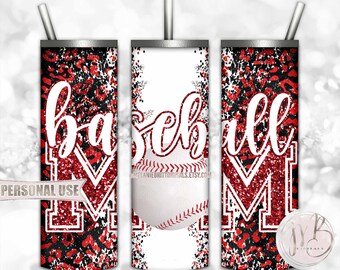 Red Baseball Mom 20oz Skinny Tumbler Wrap Sublimation Design Download • Leopard Print Sports Mom Gift Glitter Letters • DIY Print and Press