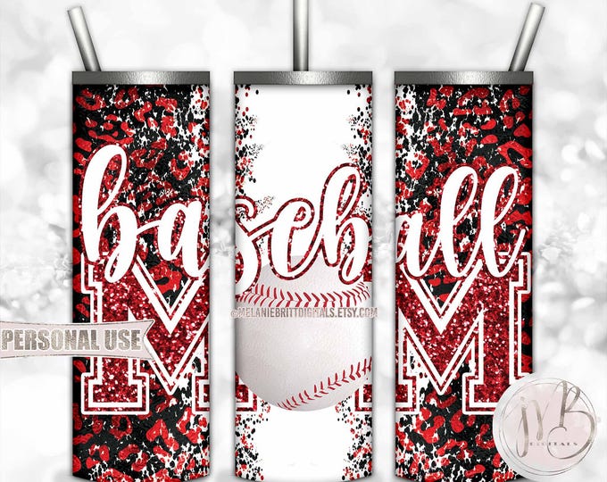 Red Baseball Mom 20oz Skinny Tumbler Wrap Sublimation Design Download • Leopard Print Sports Mom Gift Glitter Letters • DIY Print and Press