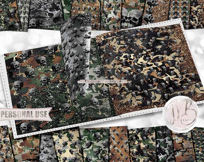 Camo Glam Skulls Scrapbook Paper Download • Camouflage Shimmering Metallic Foil Sparkling Glitter • Scrapbooking Printable