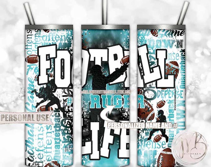Personalized Football Life Tumbler Wrap Download • Aqua Blue Tie Dye Typography Sports Gift • Sublimation Print and Press #1