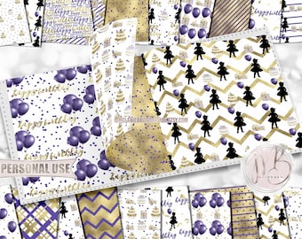 Girl Birthday Scrapbook Paper Download • Purple and Gold Kids Birthday Party Celebration • Printable Paper Crafts 20 12x12 JPG & PDF