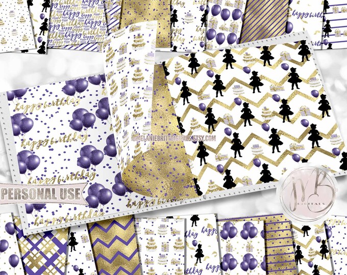 Girl Birthday Scrapbook Paper Download • Purple and Gold Kids Birthday Party Celebration • Printable Paper Crafts 20 12x12 JPG & PDF