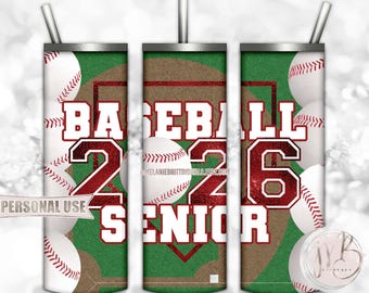 Maroon Baseball Senior 2026 20oz Skinny Tumbler Wrap Sublimation Design Download • Senior Year Baseball Grad Gift • DIY Print and Press