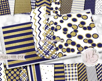 Navy and Gold Classic Scrapbook Paper Download • Patterned Geometric Design with Gold Glitter • Printable Paper Crafts 20 12x12 JPG & PDF