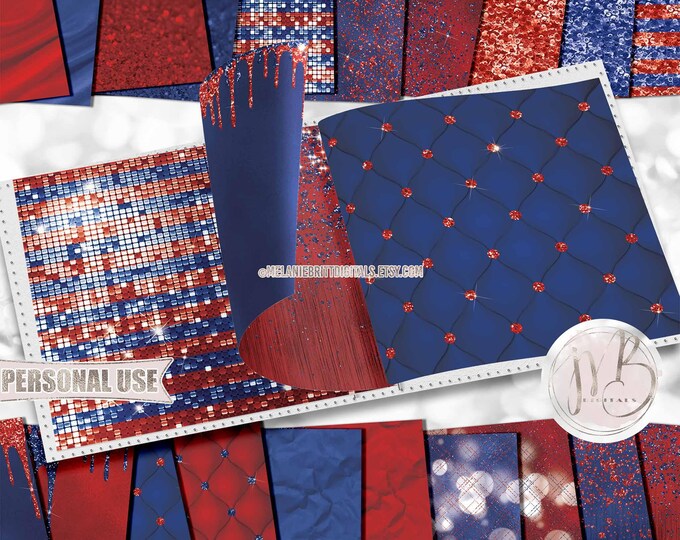 Luxury Patriotic Scrapbook Paper Download • Luxurious Design Sparkling Glitter Shimmering Foil • Printable Paper Crafts 20 12x12 JPG & PDF