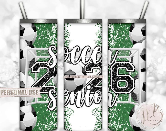 Black Soccer Senior 2026 20oz Skinny Tumbler Wrap Sublimation Design Download • Soccer Field Goal Glitter Grad Gift • DIY Print and Press