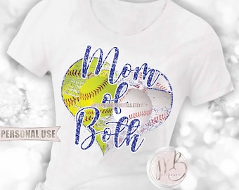 Blue Glitter Baseball and Softball Mom of Both Heart T-Shirt Sublimation Download • School Sports Ball Park Mom Gift • DIY Print and Press