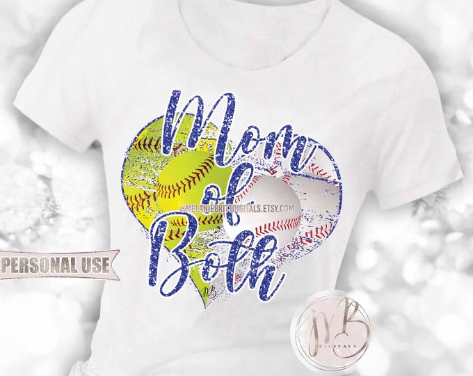 Blue Glitter Baseball and Softball Mom of Both Heart T-Shirt Sublimation Download • School Sports Ball Park Mom Gift • DIY Print and Press