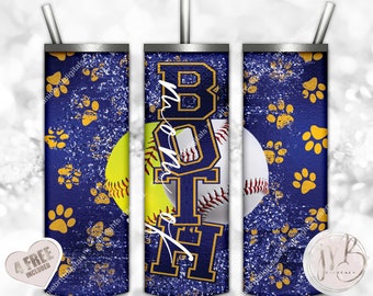 Mom of Both Baseball and Softball 20oz Skinny Tumbler Wrap Sublimation Design Download • Paw Prints Blue Athletic Gold • Sublimation Crafts