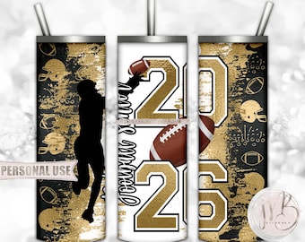 Gold Football Senior 2026 20oz Skinny Tumbler Wrap Sublimation Design • Football Helmets Senior Football Graduate Gift • DIY Print and Press