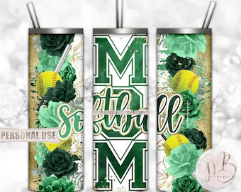 Floral Softball Mom 20oz Skinny Tumbler Wrap Sublimation Download • Green Flowers Gold Splatter Sports Mom Gift • DIY Print and Press