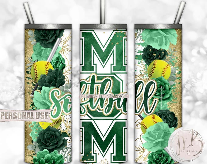 Floral Softball Mom 20oz Skinny Tumbler Wrap Sublimation Download • Green Flowers Gold Splatter Sports Mom Gift • DIY Print and Press