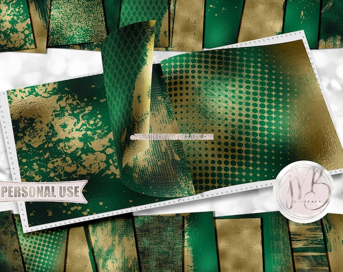 St Patrick's Day Abstract Scrapbook Paper Download • Emerald Green and Gold Shimmering Foil • Scrapbooking Printable