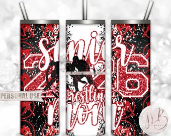 Red Boy Wrestling Senior 2026 Mom 20oz Skinny Tumbler Wrap Sublimation Download • Wrestlers Glitter Wrestling Mom Gift • DIY Print & Press