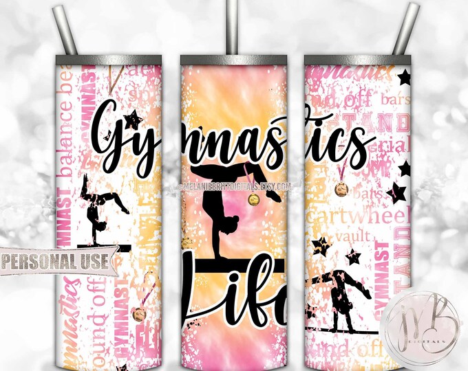 Gymnastics Life 20oz Skinny Tumbler Wrap Sublimation Download • Pink and Athletic Gold Tie Dye Gymnast Gift Typography • DIY Print & Press