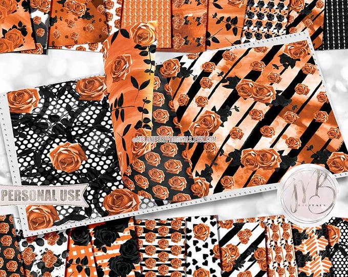 Halloween Rose Watercolor Scrapbook Paper Download • Beautiful Hand-Painted Orange and Black Flowers • Scrapbooking Printable