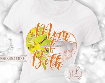 Orange Baseball and Softball Mom of Both Heart T-Shirt Sublimation Design Download • School Sports Ball Park Mom Gift • DIY Print and Press