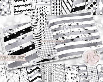 Silver Shimmer Graduation Scrapbook Paper Download • Glitter Mortarboards Confetti and Stars • DIY Printable Paper Crafts 20 12x12 JPG & PDF