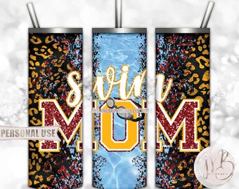 Swim Mom 20oz Skinny Tumbler Wrap Sublimation Design • Maroon and Athletic Gold Leopard Pool Goggles Swim Team Mom Gift • DIY Print & Press