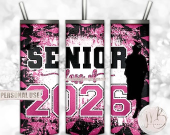 Pink Girl Graduation Senior 2026 20oz Skinny Tumbler Wrap Sublimation Download • Grad Cap Glitter Graduate Gift • DIY Print and Press