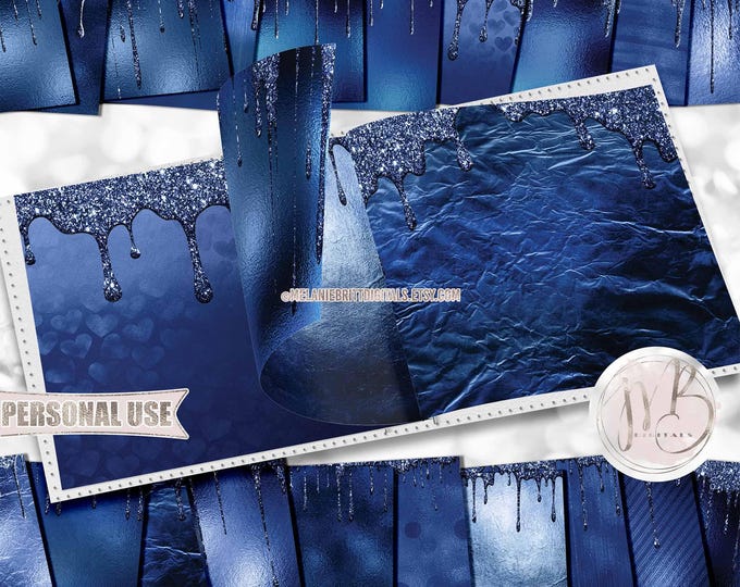 Royal Blue Dripping Glitter Scrapbook Paper Download • Sparkling Glitter Drips Shimmering Foil • Printable Paper Crafts 20 12x12 JPG & PDF