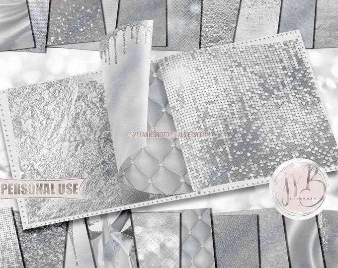 Silver Luxury Scrapbook Paper Download • Luxurious Design Sparkling Glitter Shimmering Foil • DIY Printable Paper Crafts 20 12x12 JPG & PDF