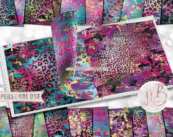 Rainbow Camo and Leopard Print Scrapbook Paper Download • Distressed Colorful Camouflage Leopard • Printable Paper Crafts 20 12x12 JPG & PDF