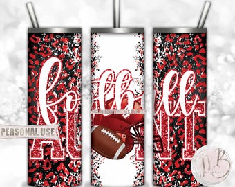 Red Football Aunt 20oz Skinny Tumbler Wrap Sublimation Design • Football Helmet Leopard Print Sports Aunt Gift • DIY Print and Press