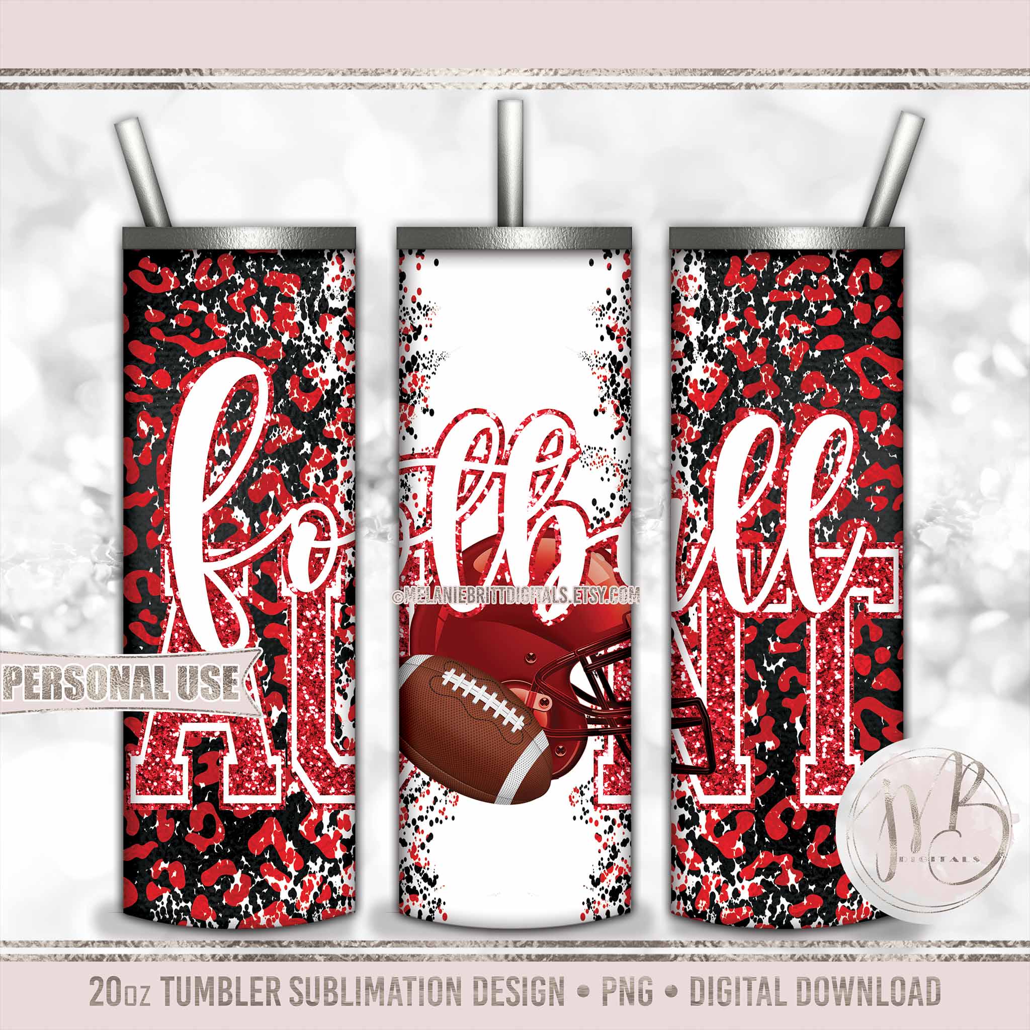 Red Football Aunt 20oz Skinny Tumbler Wrap Sublimation Design • Football Helmet Leopard Print Sports Aunt Gift • DIY Print and Press