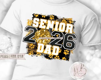 Athletic Gold and Black Cheer Senior 2026 Dad T-Shirt Sublimation Design • Paw Prints Pom Pom Megaphone Cheer Dad Gift • DIY Print and Press