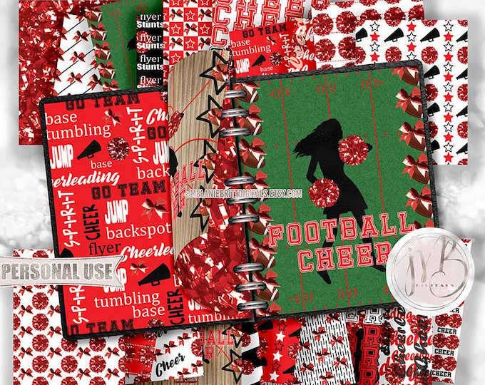 Red Cheerleading Scrapbook Paper Download • Shiny Pom Poms Bows Megaphone • Scrapbooking Printable