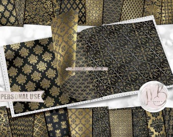 Black and Gold Embossed Damask Scrapbook Paper Download • Victorian Damask Shimmering Foil Design • Printable Paper Crafts 20 12x12 JPG PDF