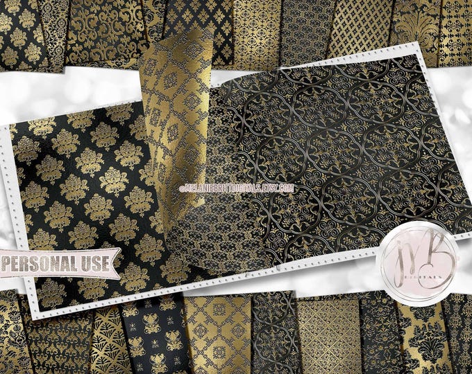 Black and Gold Embossed Damask Scrapbook Paper Download • Victorian Damask Shimmering Foil Design • Printable Paper Crafts 20 12x12 JPG PDF