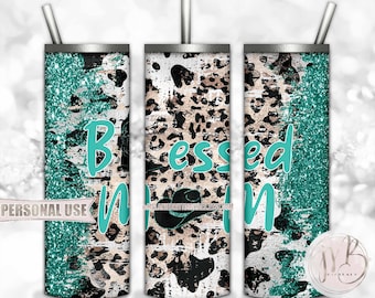 Turquoise Western “Blessed Mom” 20oz Skinny Tumbler Wrap Sublimation Design Download • Distressed Country Cow Leopard • DIY Print & Press