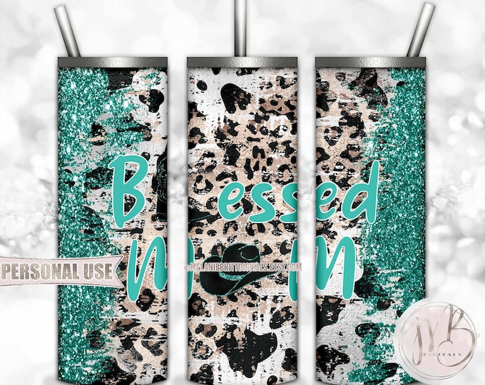 Turquoise Western “Blessed Mom” 20oz Skinny Tumbler Wrap Sublimation Design Download • Distressed Country Cow Leopard • DIY Print & Press