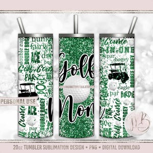 Green Glitter Golf Mom 20oz Skinny Tumbler Wrap Sublimation Design • Typography Golf Ball Club Cart Golf Mom Gift • DIY Print and Press