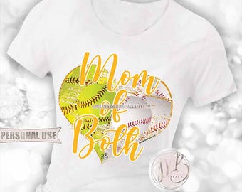 Athletic Gold Baseball and Softball Mom of Both Heart T-Shirt Sublimation Download • School Sports Ball Park Mom Gift • DIY Print and Press