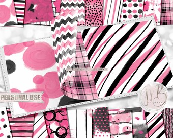 Black and Hot Pink Watercolor Scrapbook Paper Download • Hand Painted Patterned Watercolor Design • Printable Paper Crafts 20 12x12 JPG PDF