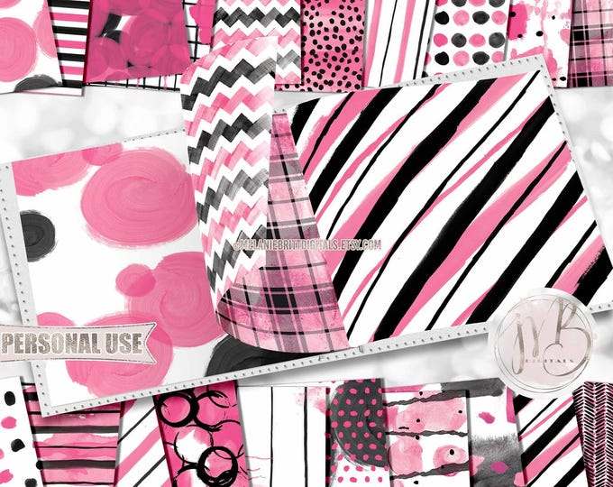 Black and Hot Pink Watercolor Scrapbook Paper Download • Hand Painted Patterned Watercolor Design • Printable Paper Crafts 20 12x12 JPG PDF