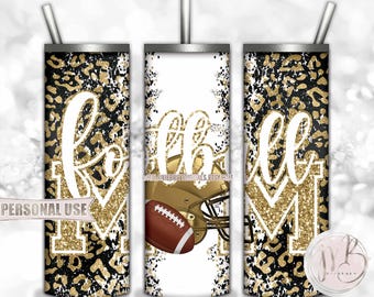 Old Gold Football Mom 20oz Skinny Tumbler Wrap Sublimation Design • Football Helmet Leopard Print Sports Mom Gift • DIY Print and Press