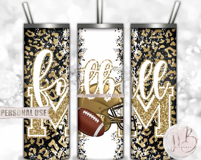 Old Gold Football Mom 20oz Skinny Tumbler Wrap Sublimation Design • Football Helmet Leopard Print Sports Mom Gift • DIY Print and Press